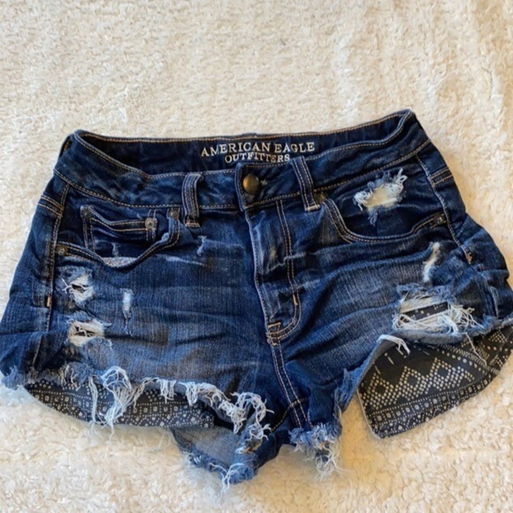 American Eagle Shorts Womens 2 Blue‎ High Rise Festival Peekaboo Pockets Rips